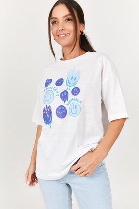 Kadın Buzmavi Önü Baskılı Oversize T-shirt ARM-22Y115002