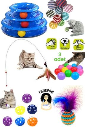 8'li Set: Ip Sarma Topu +3'lü Renkli Top+kedi Oyun Topu Tüylü +yaylı Kedi Oltası+3 Katlı Oyuncak+top 020515512002