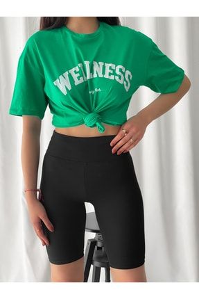 Kadın Oversize Yazı Baskılı Bisiklet Yaka T-shirt Yeşil TSH0004