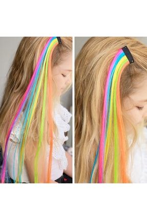Uzun Rengarenk Gökkuşağı Unicorn Çıtçıt Postiş Saç 50cm Çocuk Kadın Saçı Tpak