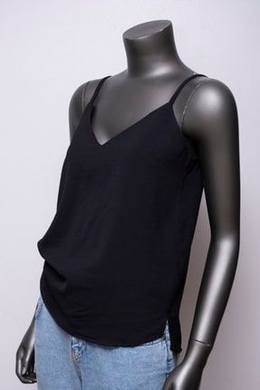 Askılı Ön Ve Arka V Yakalı Dokuma Siyah Renk Bluz UKM13004
