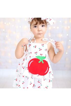 Kız Çocuk Kiraz Desenli Elbise Bandana Çanta Takım mkds212