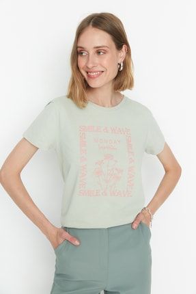Mint Baskılı Basic Örme T-Shirt TWOSS22TS1909