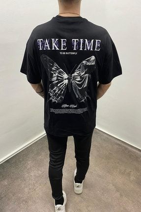 Erkek Take Time Arka Kelebek Baskılı Oversize Tshirt klbk01