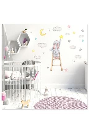 Sevimli Tavşan Bulutlar Ve Yıldızlar Çocuk Odası Rüya Duvar Sticker Duvar Süsü arcodu000000110