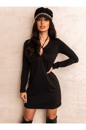 Kadın Ip Ve Dekolte Kullanımlı Siyah Davet Gece Nişan Elbisesi TMBR22ZB1V2