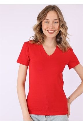 V Yaka Basic Fit T-shirt - Kırmızı HM0005