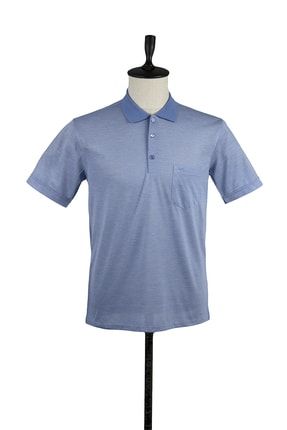 Erkek Mavi Kısa Kol Desenli Jakarlı Polo Yaka Cepli Comfort Rahat Kesim Klasik T-shirt 1011220123