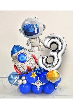 Astronot Roket Uzay Temalı Gümüş Rakam Balonlu Karşılama Seti TYUAKM05