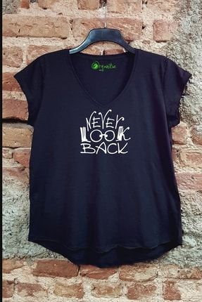 Never Look Back Organik Baskılı Örme Kadın Salaş Siyah T-shirt NeverLookBack88