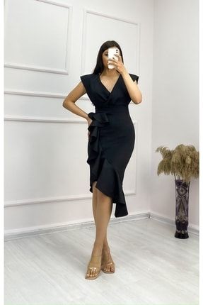 Kadın Siyah, Scuba Kumaş Önü Fırfırlı Midi Boy Elbise RM-31424