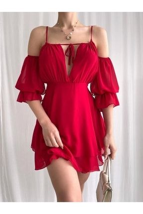 Şifon Kumaş Göğüs Detaylı Kırmızı Elbise mk710