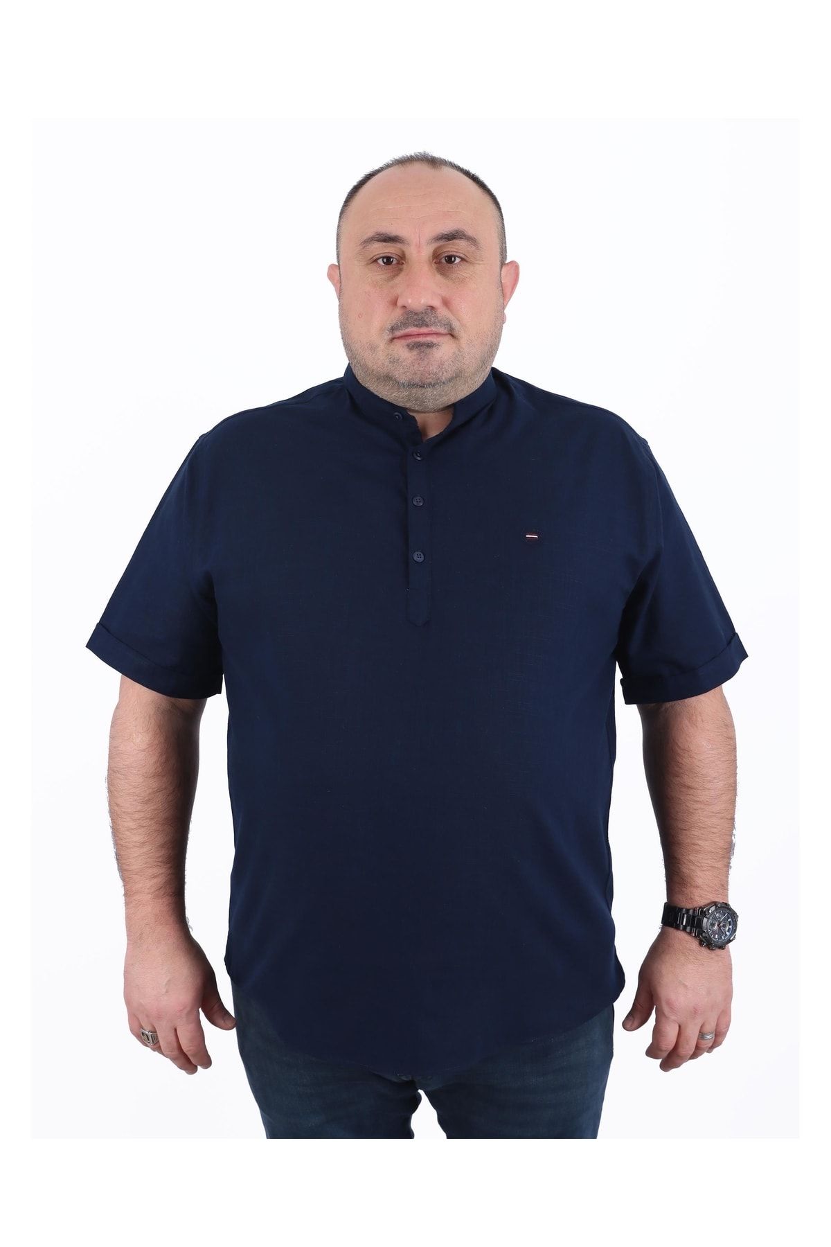 Starbattal Large Size Shirt Collar Short Sleeve Navy Blue 22309-9