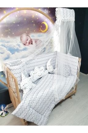 60x120 Bebek Uyku Seti Cibinlikli Ince Zigzag Desen 11 Parça (beşik Dahil Değildir) TAN10048