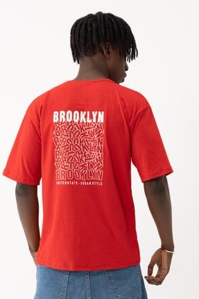 Kırmızı Oversize Brooklyn Sırt Baskılı Tshirt brooklynsrt