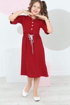Kolları Hasır Desenli Beli Lastikli Ipli Önden Düğmeli Yakalı Kız Çocuk Elbise ELBS1009