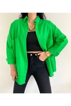 Kadın Oversize Keten Gömlek Yeşil ktngmlk-001