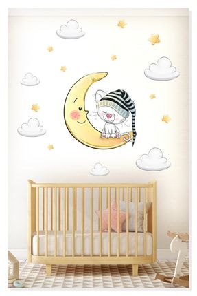 Ayda Uyuyan Yavru Kedicik Yıldızlar Ve Bulutlar Dekoratif Çocuk Odası Duvar Sticker Duvar Süsü arcodu000031