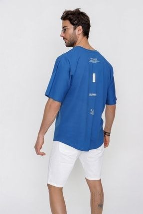 Erkek Loose Fit Spor Kesim Baskılı T-shirt Mavi 22sm252 22SM252