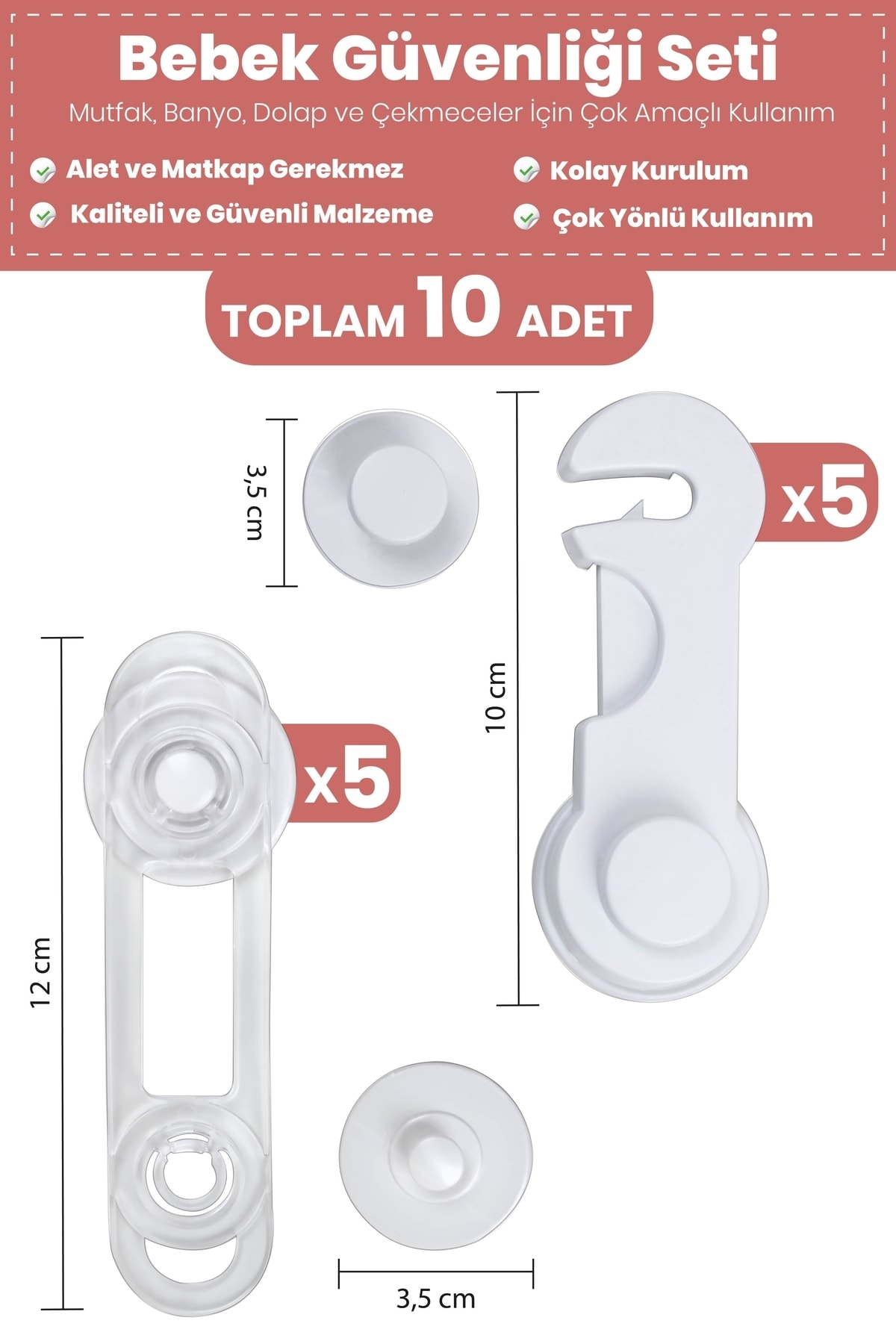 İdeal Baby Çocuk Bebek Güvenlik Çok Amaçlı Kilit Dolap Kapak Çekmece Beyaz Eşya Emniyeti 10 Adet - Beyaz fotoğrafı 4 (önizleme)