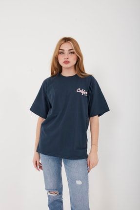 Kadın California Baskılı Füme Oversize T-shirt 01TCLF