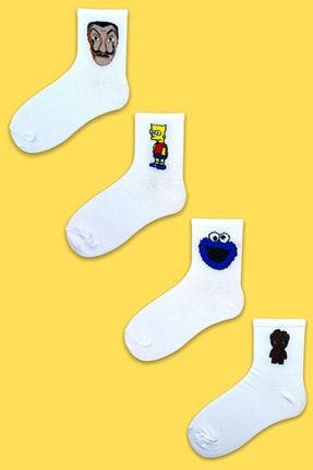 4'lü Çizgi Film Karakterleri Temalı Beyaz Çorap Seti ( Ekonomik Paket ) SS-400