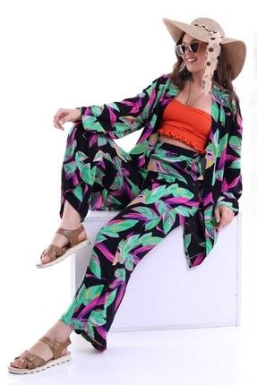 Yaprak Desenli, Yüksek Bel, Cepli Pantolon Ile Uzun Geniş Kol, Kemerli Kimono Takım FB-0004