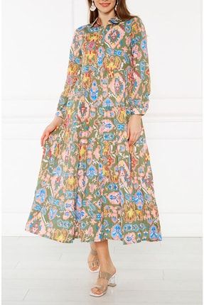 Kadın Haki Etnik Desen Maxi Elbise 4657