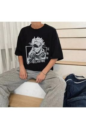 Siyah Renk Jujutsu Kaisen Ön Baskılı Geniş Kesim Unisex Kısa Kollu Anime T-shirt BSM03JUJUTSUFRKT