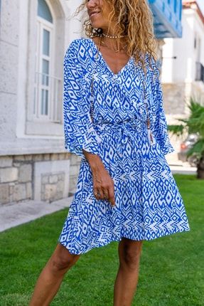 Kadın Mavi Beli Büzgülü Kruvaze Kloş Elbise GK-BST3155