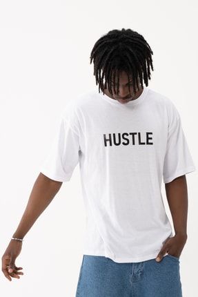 Beyaz Oversize Hustle Baskılı Tshirt Hustle9