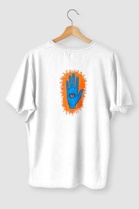 Unisex Beyaz El Sırt Baskılı Oversize T-shirt ELGÖZ01