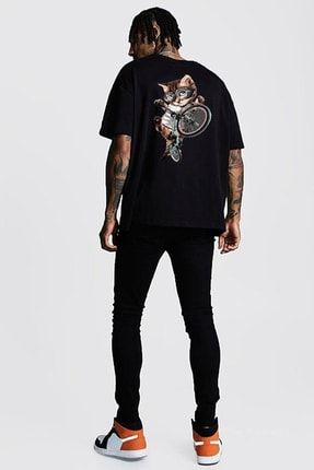 Unisex Siyah Bisikletli Kedi Sırt Baskılı Oversize T-shirt BKEDİ01