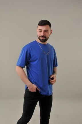 Erkek Mavi Oval Kesim Oversize T-shirt 102