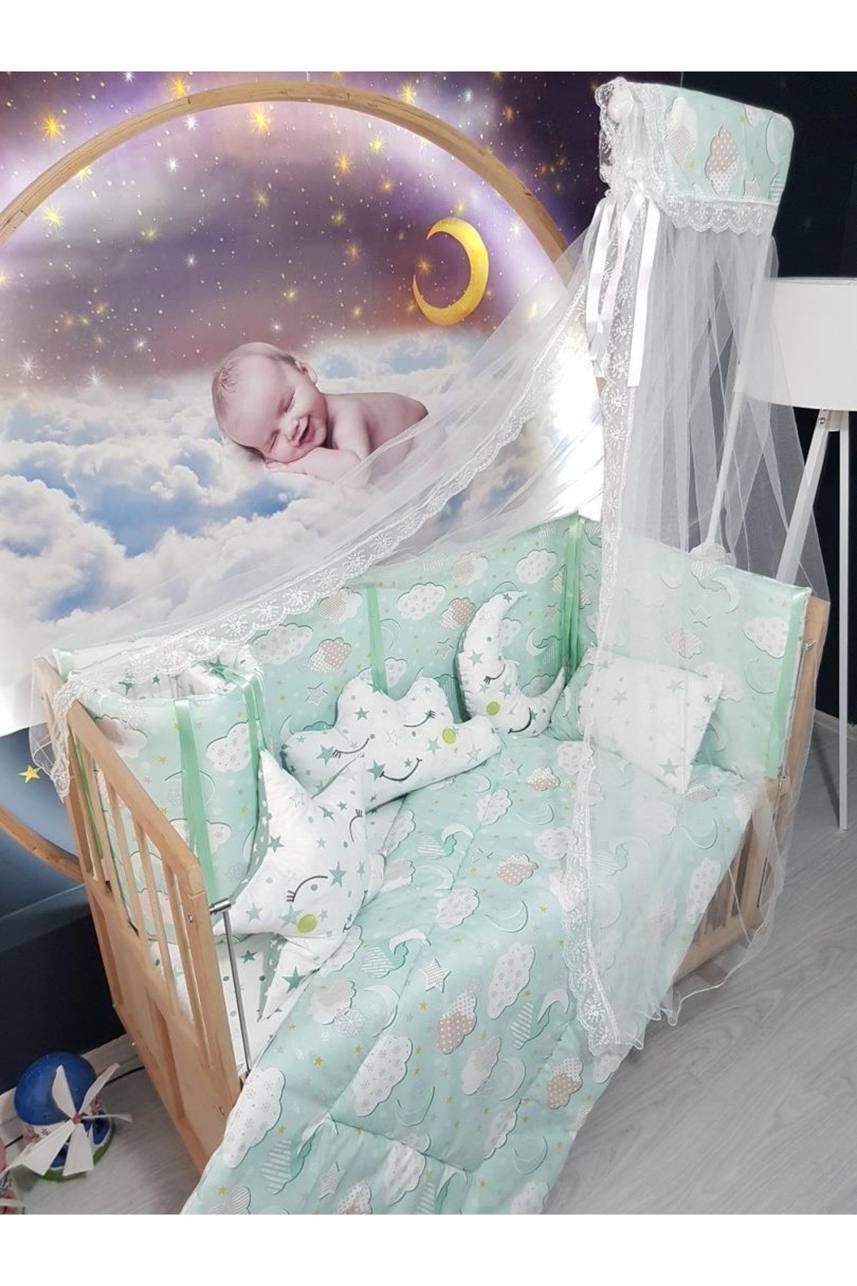bebek iklimi 60x120 Baby Sleeping Set with Mosquito Net Cloud Pattern 11 Pieces crib Not Included