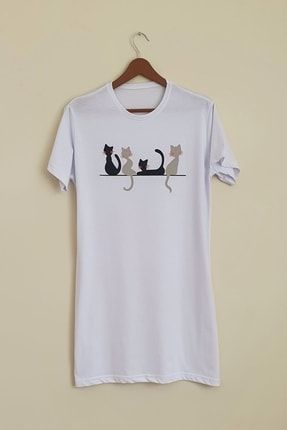 Kadın Beyaz Pamuklu Kısa Kollu, Kedi Baskılı Tunik Elbise BSKTNK0103