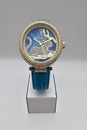Mavi Kordon Altın Renk Kasa Leopar Desenli Taşlı Kadın Kol Saati ARKDJ10