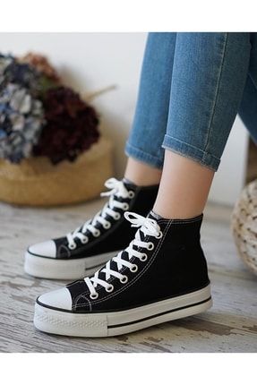 Kadın Dolgu Kalın Taban Siyah Keten Sneaker Ayakkabı CNVRSKT-RT