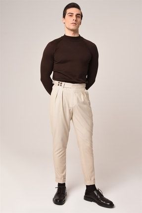 Men Bej Yüksek Bel Yandan Tokalı Kemer Detaylı Pileli Kumaş Pantolon A21Y2536