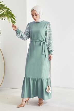 Mira Kolu Desenli Ayrobin Tesettür Elbise - Mint MS00OR6718