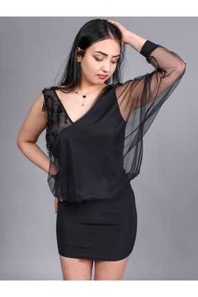 Tek Kolu Tül Detaylı Siyah Kadın Mini Elbise PRA-6000413-326344