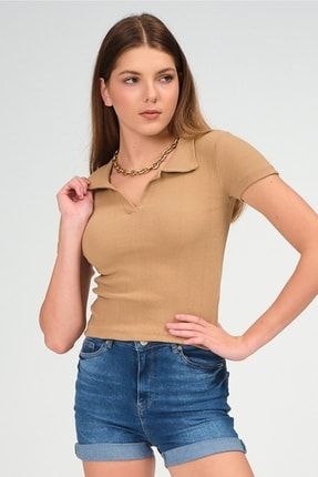 Kadın Bej Polo Yaka Fitilli Crop Fit Bluz MDTRN21896
