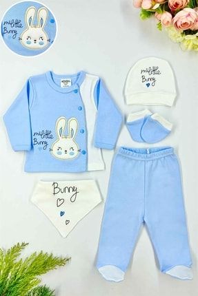 Yenidoğan Erkek Bebek Little Bunny Nakışlı 5'li Hastane Çıkışı - Mavi MNL0103HC