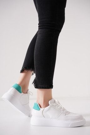 Yeşil - Kadın Mint Beyaz Bağcıklı Sneaker Günlük Spor Ayakkabı Fdn 01 Model 53