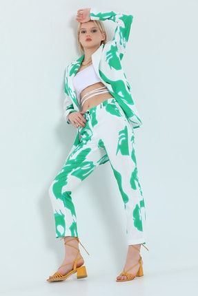 Yeşil Kadın Kruvaze Yaka Astarlı Blazer Ceket Dar Paça Pantolon Desenli Ikili Takım P-039271
