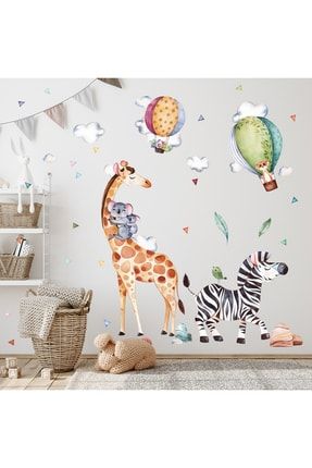 Sulu Boya Safari Hayvanlar Ve Uçan Balonlar Zebra Zürafa Dekoratif Çocuk Odası Duvar Sticker arcodu000000164