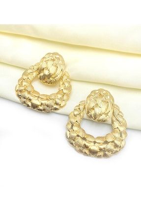 2022 Ithal Hasır Detaylı Geometrik Kare Kadın Gold Küpe karehasır01