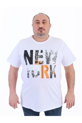 Büyük Beden Erkek T-shirt Bis Yaka New York Beyaz 22102 22102-2