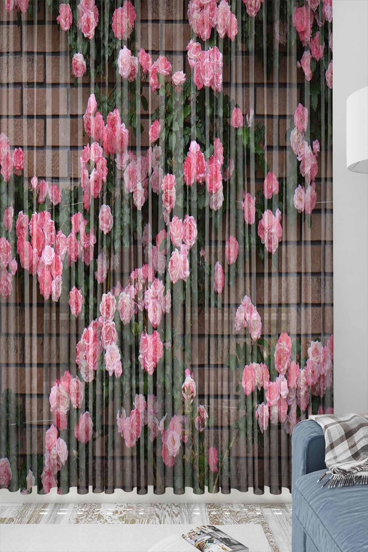 Else Dekor Pembe Sarmaşık Çiçekler Desenli Dekoratif Modern 3d Tül Fon Perde