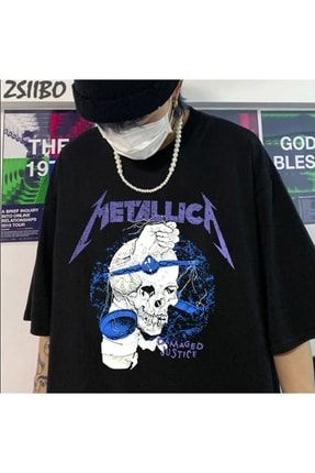 Siyah Renk Metallica Damaged Justice Baskılı Geniş Kesim Unisex Rock-metal Kısa Kollu T-shirt BSM06MTLDMGJTSFRK